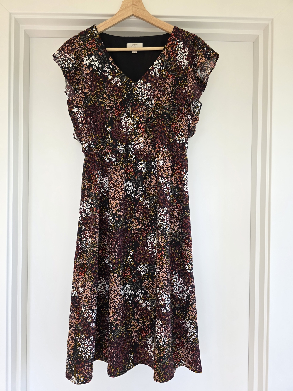 LOFT Women's Black Floral V-Neck Midi Dress